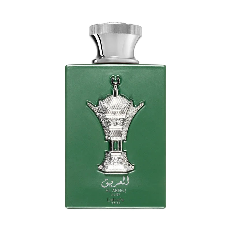 Flacon vert luxueux parfum Al Areeq Silver avec détails métalliques élégants