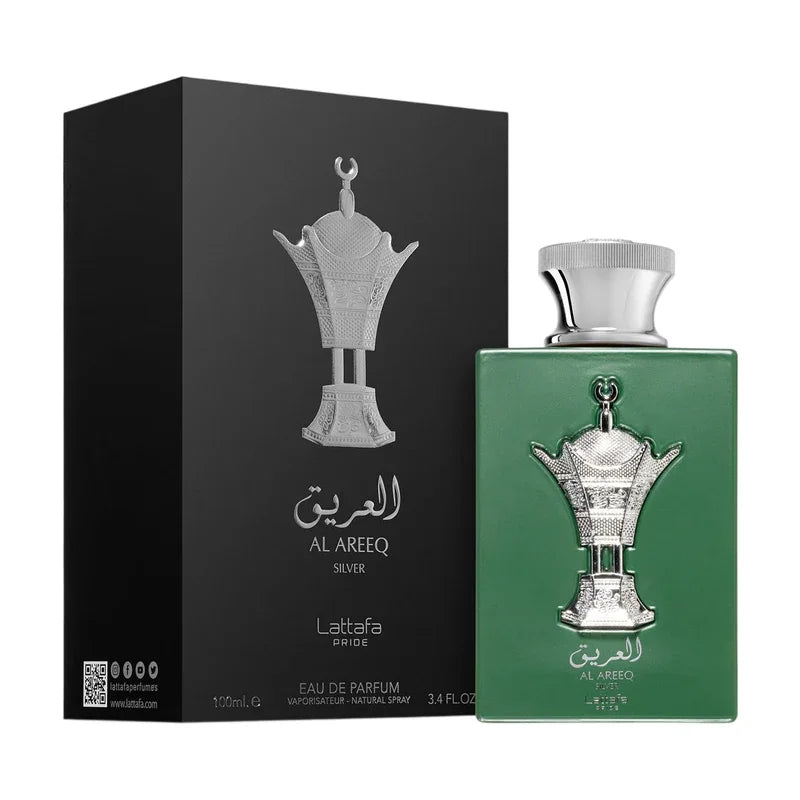 Parfum Al Areeq Silver de Lattafa, flacon vert et boîte noire, eau de parfum 100ml