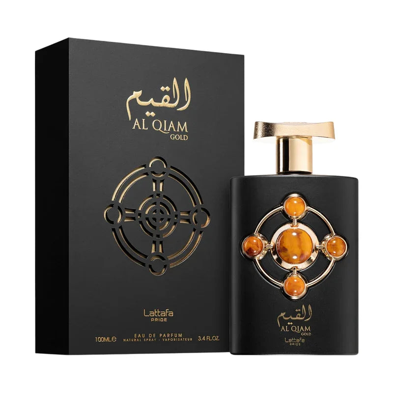 Flacon et boîte du parfum Al Qiam Gold de Lattafa Pride sur fond blanc.