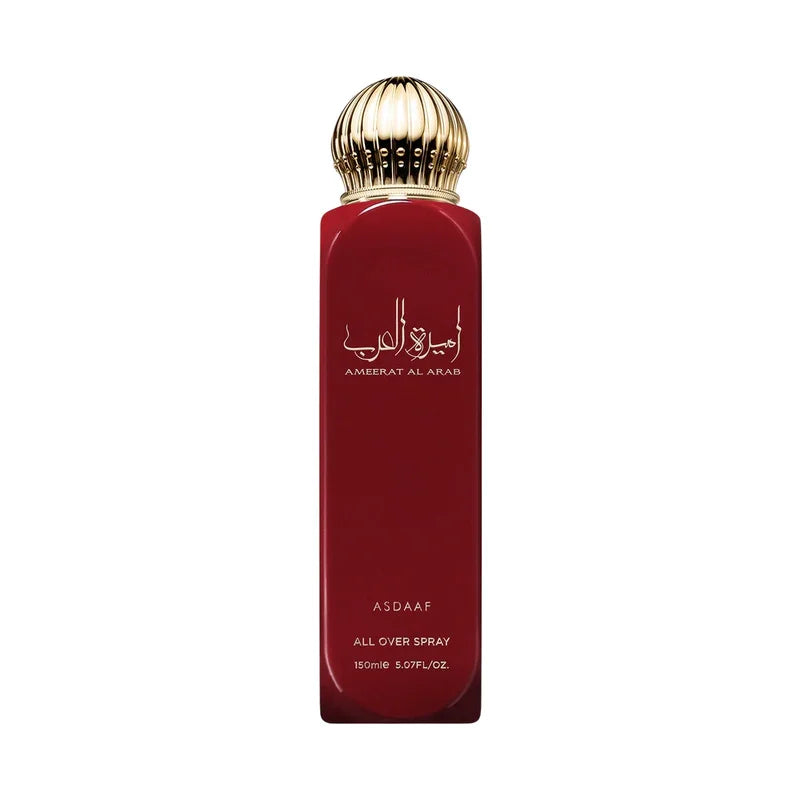 Flacon rouge Asdaaf All Over Spray 150ml, capuchon doré texturé, parfum Ameerat Al Arab