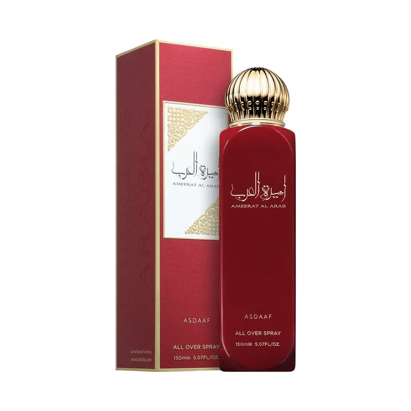 Parfum Asdaaf Ameerat Al Arab, spray corporel 150ml, flacon rouge et doré, boîte élégante
