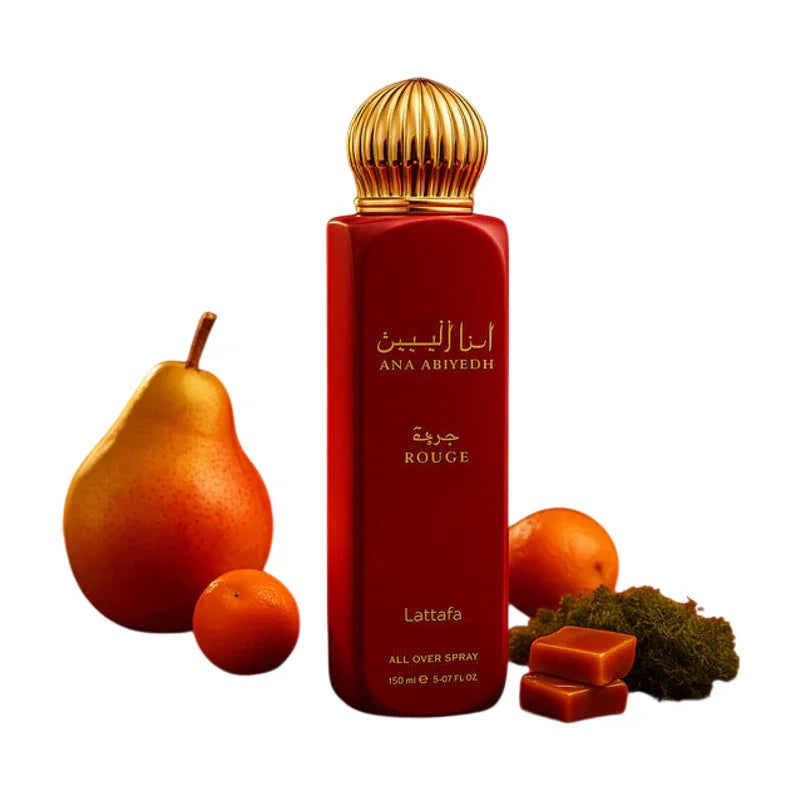 Parfum rouge Ana Abiyedh Lattafa avec poire, orange et caramel, spray corporel luxueux