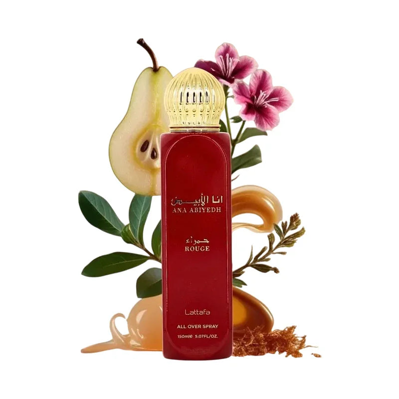 Parfum rouge Ana Abiyedh Lattafa, spray corps avec poire et fleurs, flacon luxueux doré