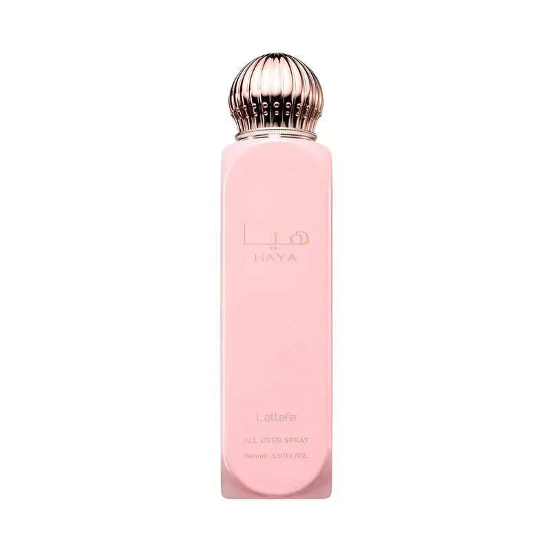 Spray parfumé rose pâle Lattafa Haya, flacon élégant avec bouchon doré, 150ml