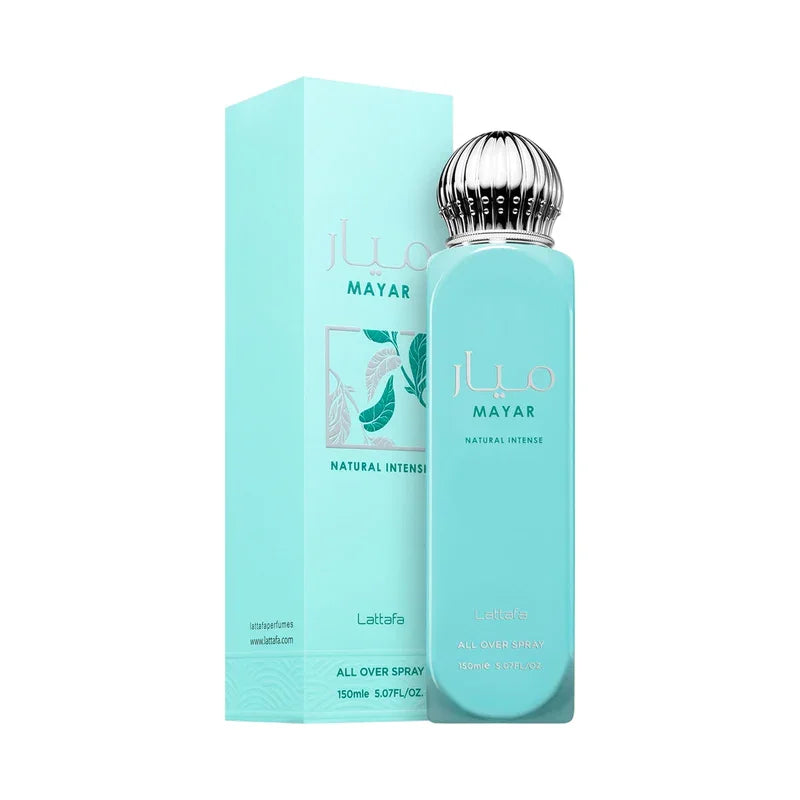 Parfum Mayar Natural Intense Lattafa, vaporisateur 150ml, flacon turquoise et boîte assortie