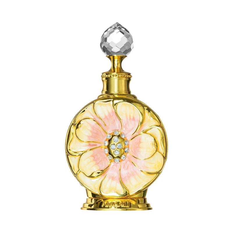 Flacon de parfum doré orné d'une fleur émaillée rose et de cristaux