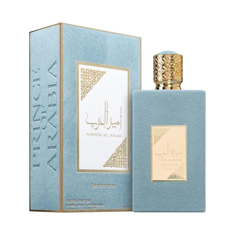 Parfum Ameer Al Arab Imperium, flacon bleu poudré et boîte élégante, eau de parfum orientale luxueuse