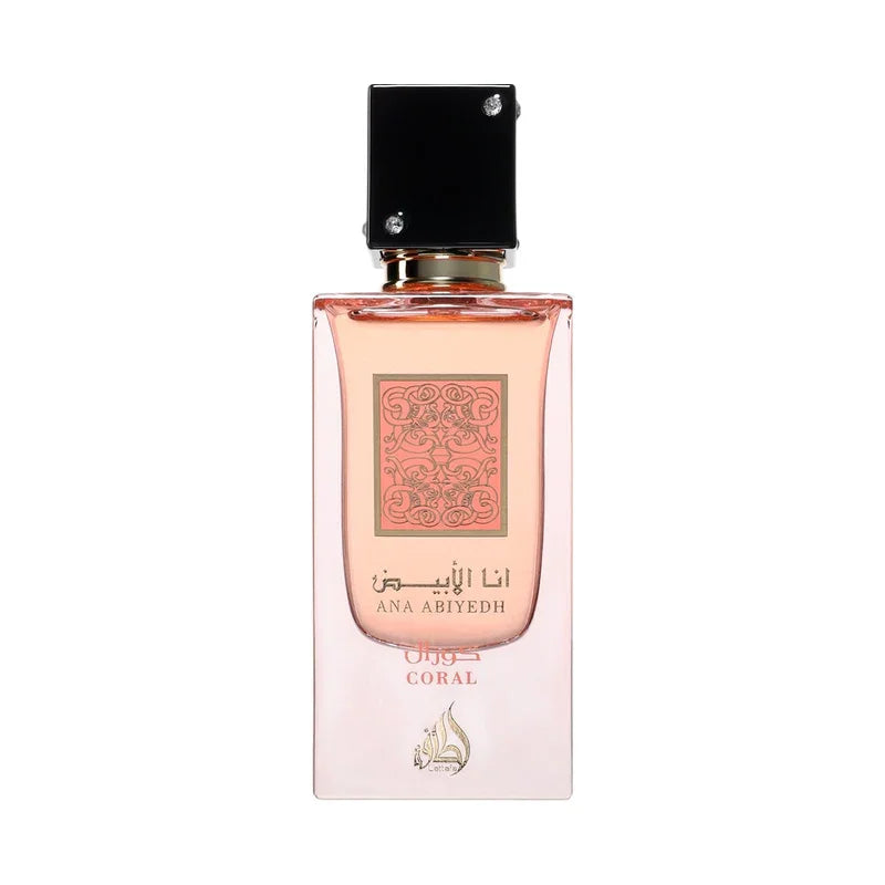 Flacon de parfum Ana Abiyedh Coral de design élégant avec liquide rose.