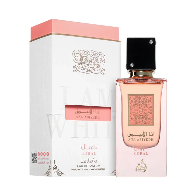 Parfum Lattafa Ana Abiyedh Coral dans son coffret blanc et rose