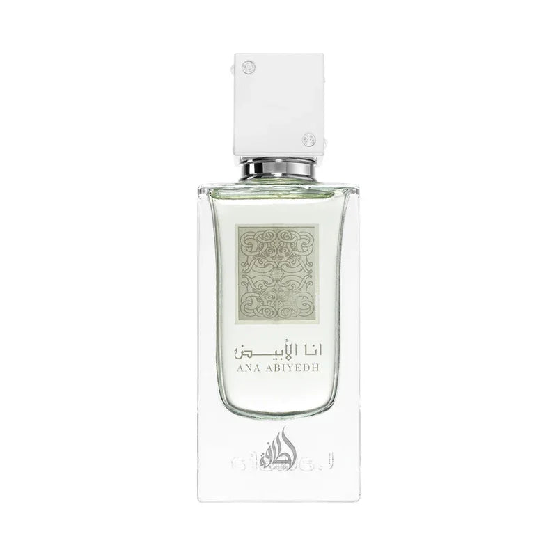 Flacon de parfum Ana Abiyedh avec étiquette ornée et bouchon blanc, design élégant et minimaliste