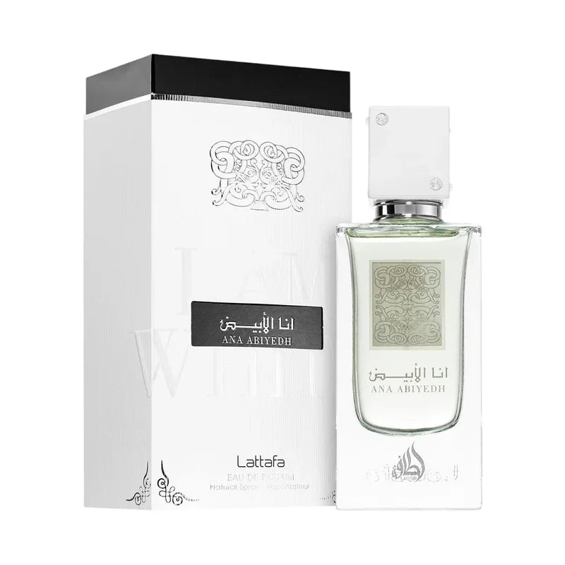 Parfum Ana Abiyedh Lattafa, eau de parfum élégant avec flacon transparent et boîte blanche ornée