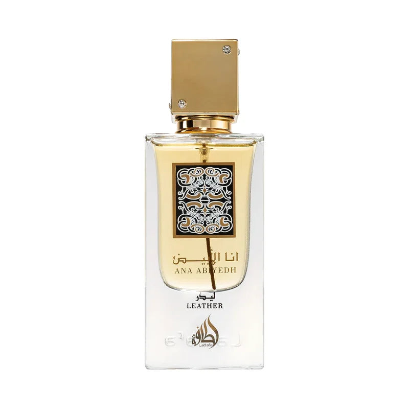 Parfum Ana Abyedh Leather dans un flacon en verre élégant avec bouchon doré