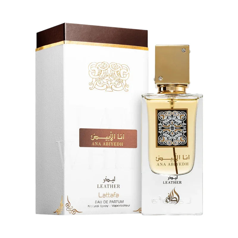 Parfum Ana Abiyedh de Lattafa Leather, eau de parfum pour femme en flacon doré.