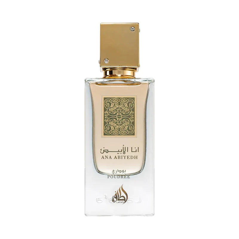 Parfum Ana Abiyedh Poudrée de Lattafa, flacon élégant en verre avec bouchon doré.
