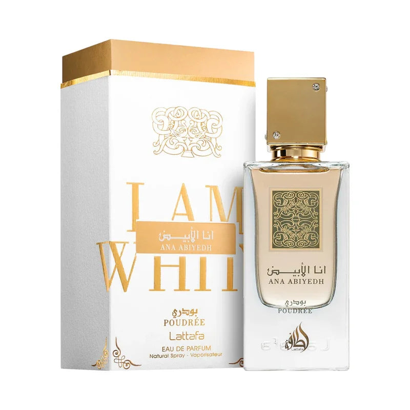 Parfum Ana Abiyedh Poudrée de Lattafa, flacon et boîte élégante dorée et blanche.