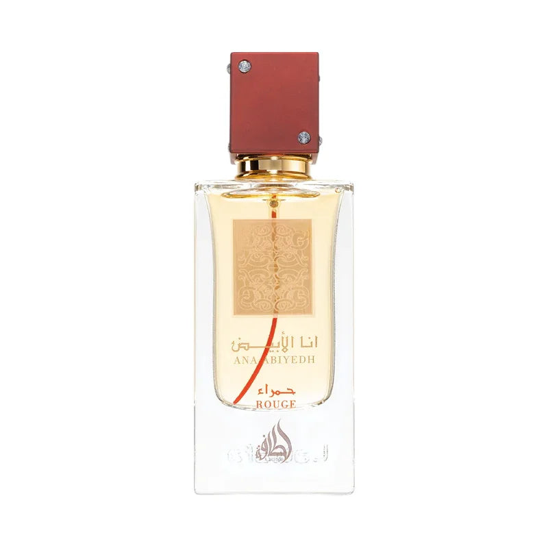 Parfum Ana Abiyedh Rouge, flacon élégant avec capuchon rouge et détails dorés, parfum oriental luxueux