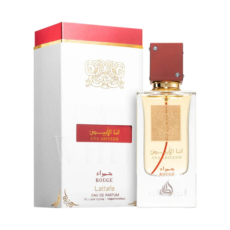 Parfum Ana Abiyedh Rouge Lattafa, flacon élégant avec boîte cadeau rouge et or, eau de parfum luxueuse