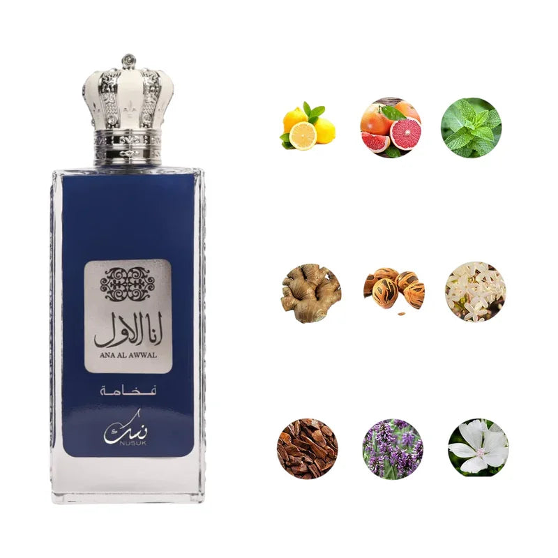 Parfum Ana Al Awwal de Nusuk avec notes d'agrumes, gingembre et fleurs blanches.