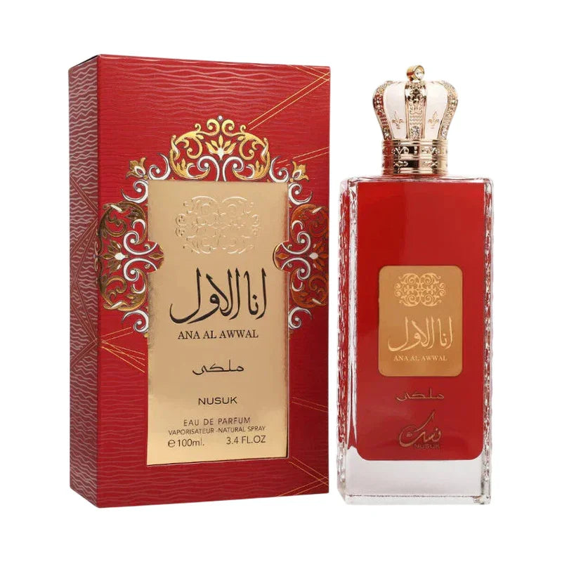 Parfum Eau de Parfum Nusuk Ana Al Awwal dans son flacon rouge et son coffret doré.