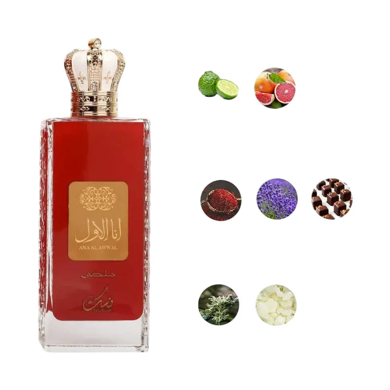 Parfum Ana Al Awwal dans un flacon rouge avec couronne dorée et notes d'agrumes et lavande