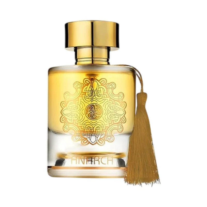 Parfum Anarch avec flacon doré et pompon, design luxueux et élégant