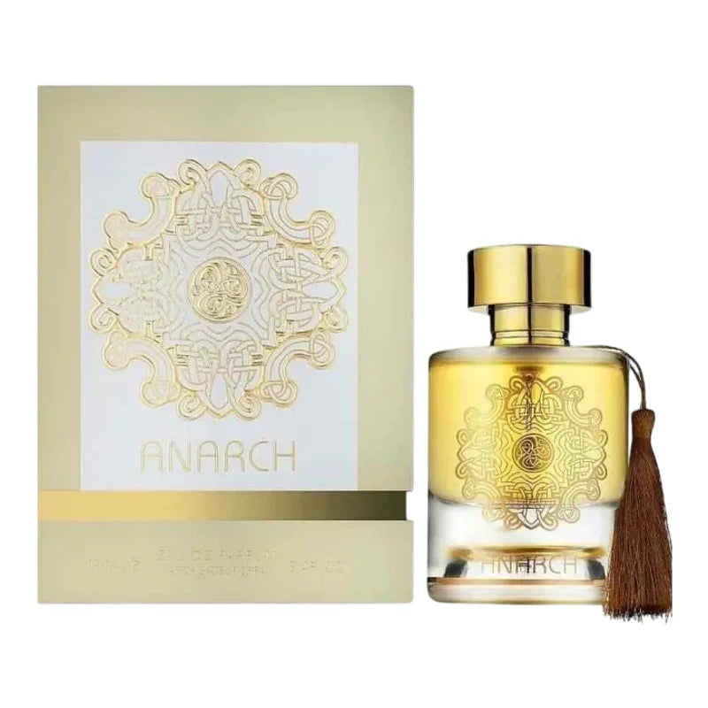 Parfum Anarch Eau de Parfum avec flacon doré et pompon, boîte élégante à motif or