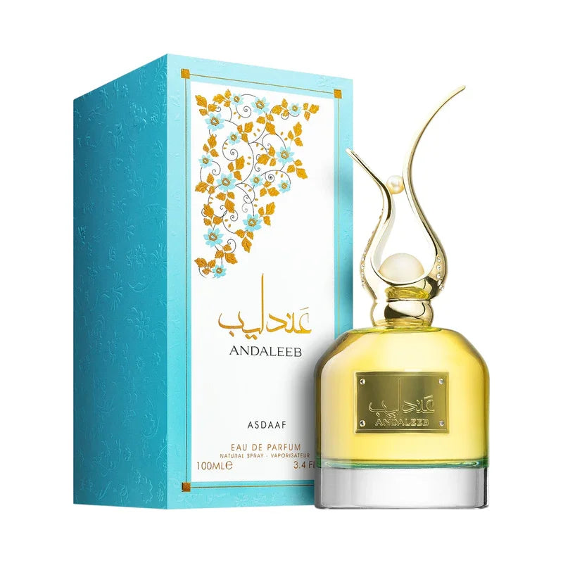 Parfum Andaleeb Asdaaf Eau de Parfum 100ml avec son flacon doré élégant et son coffret bleu.