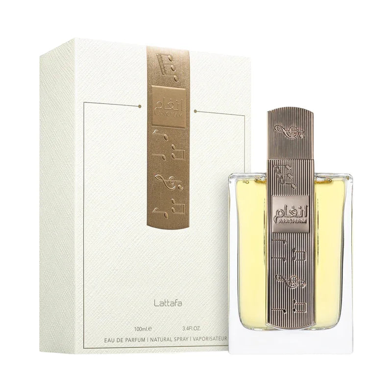 Parfum Lattafa Anshar Eau de Parfum 100ml, flacon doré avec boîte élégante, notes musicales gravées