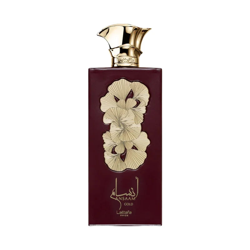 Parfum Lattafa Pride Ansaam Gold dans un flacon bordeaux avec motifs de feuilles dorées