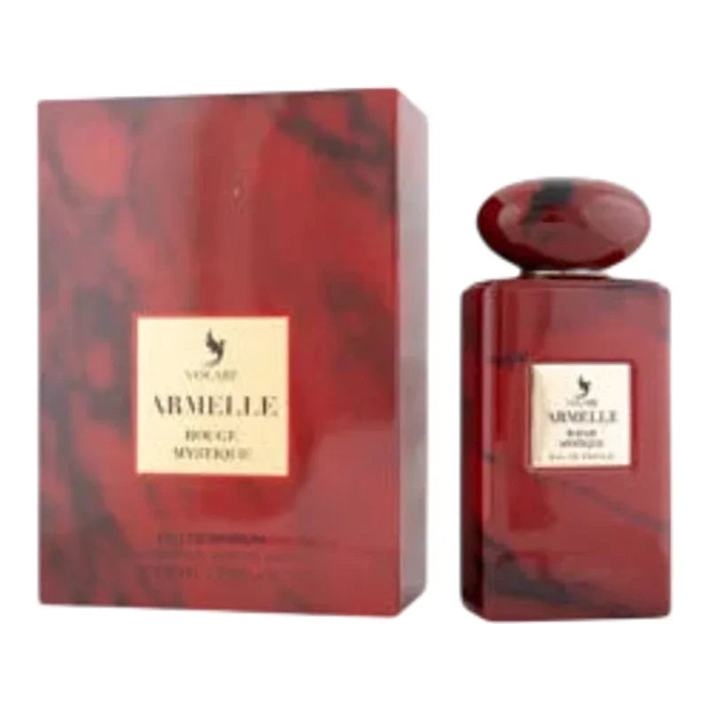 Parfum Armelle Rouge Mystique dans son coffret et flacon au design marbré rouge