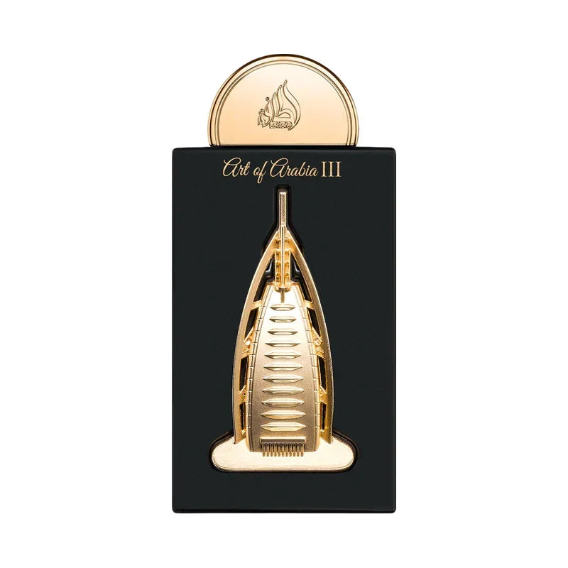 Flacon de parfum Art of Arabia III avec motif doré de voilier sur fond noir.