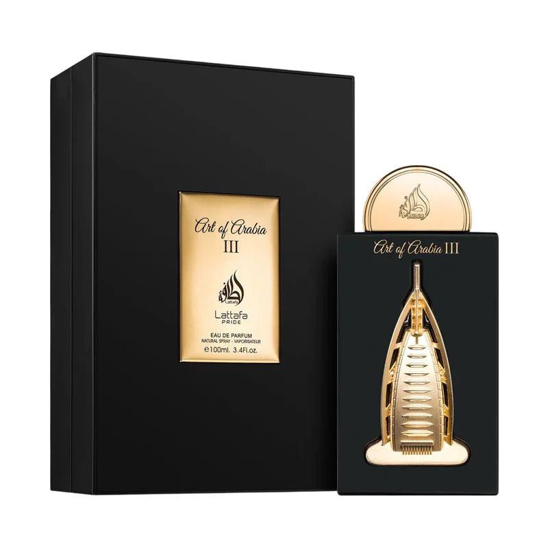 Parfum Art of Arabia III de Lattafa Pride, flacon noir et doré élégant avec coffret.