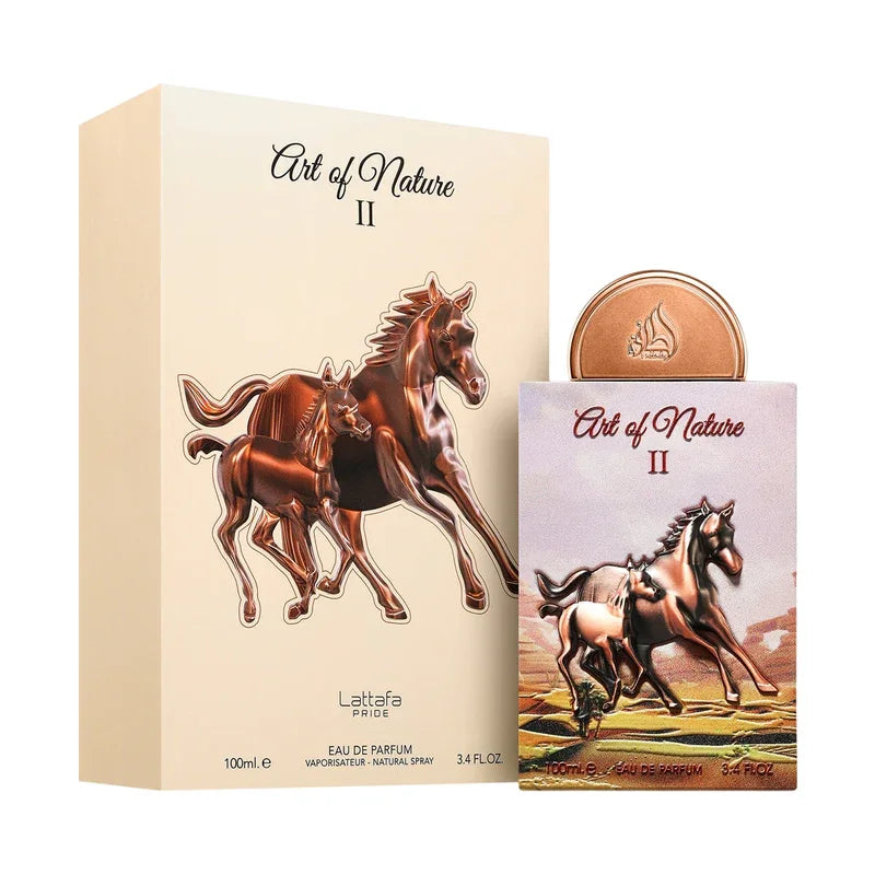 Parfum Art of Nature II 100ml, flacon et boîte avec chevaux dorés, eau de parfum Lattafa Pride