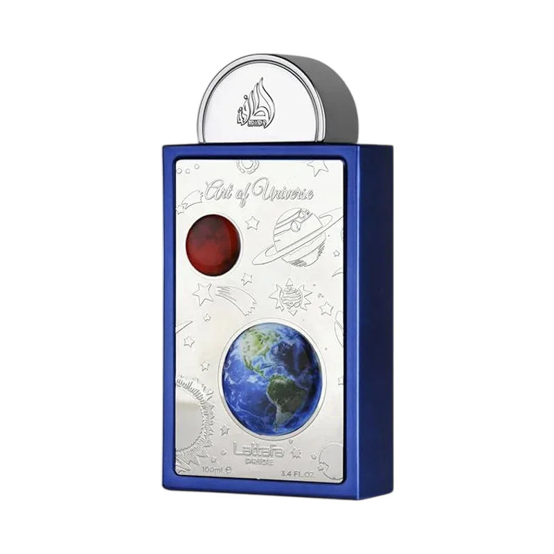 Parfum Lattafa Art of Universe dans un flacon bleu avec motifs célestes et planètes.
