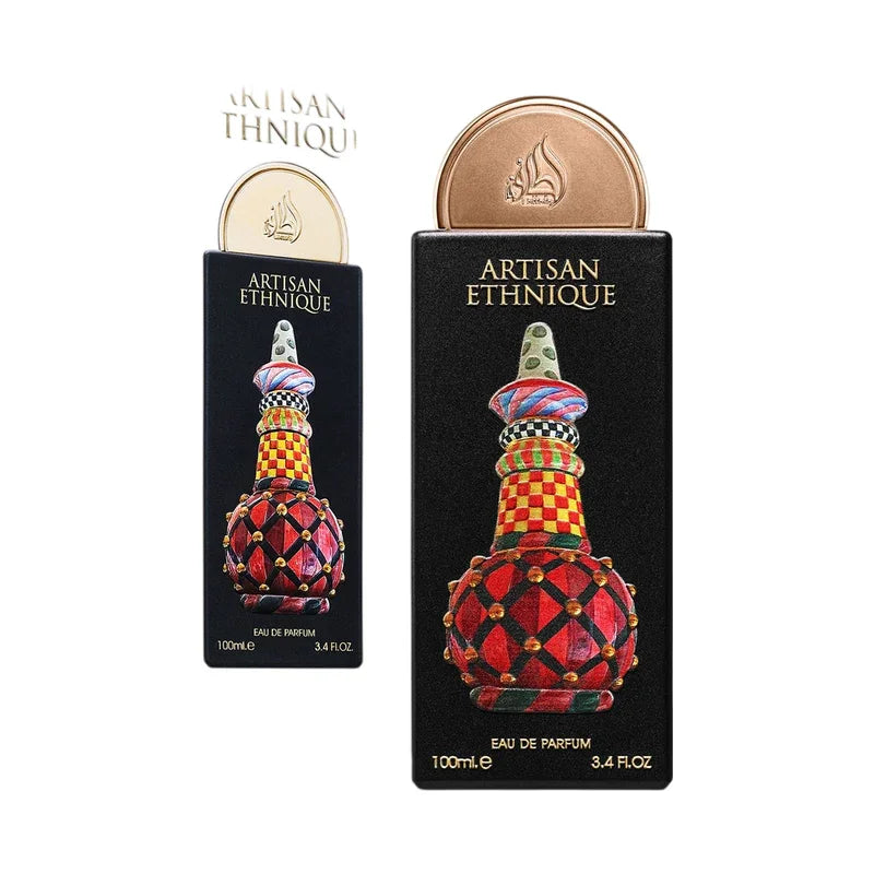 Flacon de parfum Eau de Parfum Artisan Ethnique 100ml au design coloré et artistique