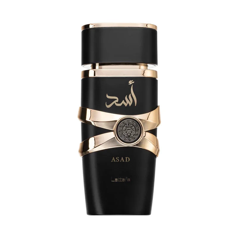 Parfum Lattafa Asad pour homme, flacon noir et doré élégant