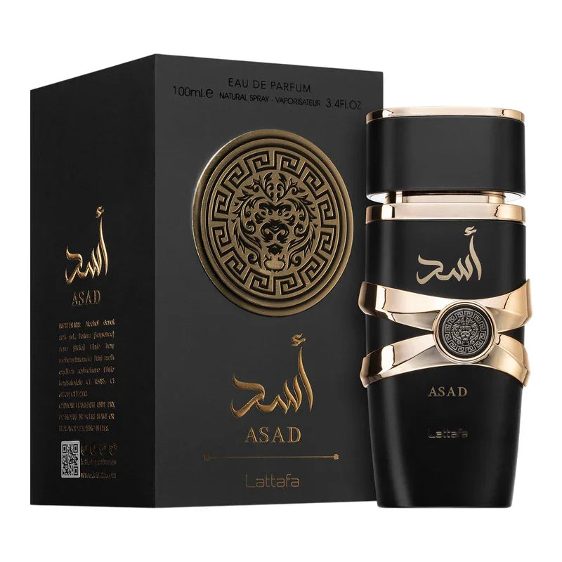 Parfum Eau de Parfum Asad de Lattafa pour homme, flacon noir et doré élégant avec boîte.