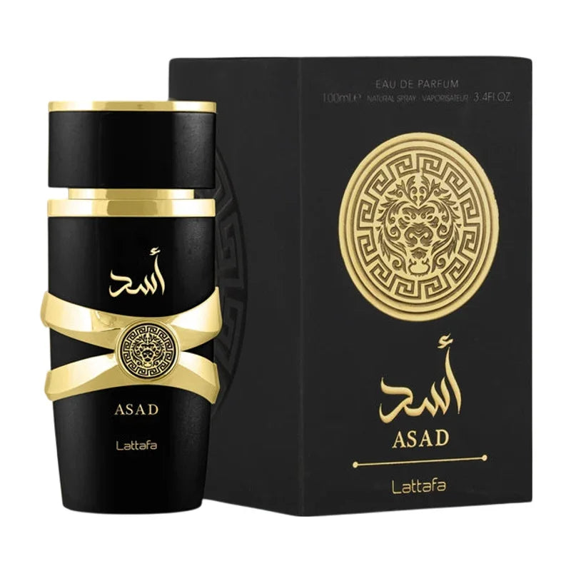 Parfum Lattafa Asad Eau de Parfum pour homme, flacon noir et doré et son coffret.