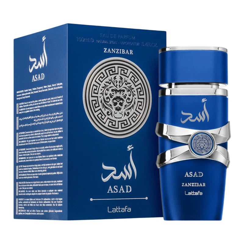 Eau de Parfum ASAD Zanzibar par Lattafa, flacon bleu luxueux avec lion gravé, packaging élégant