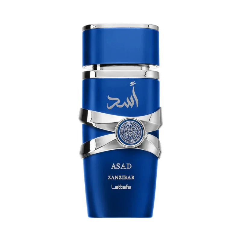 Flacon bleu élégant ASAD Zanzibar Latifa avec détails argentés et logo arabe