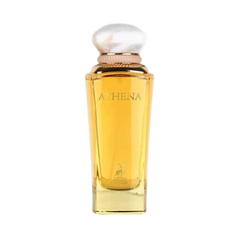Parfum Athena dans un flacon élégant en verre doré avec bouchon nacré