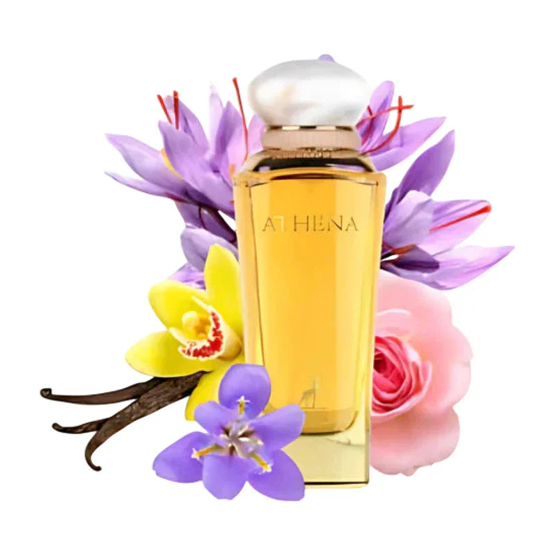 Flacon de parfum Athena entouré de fleurs violettes, roses et de gousses de vanille.