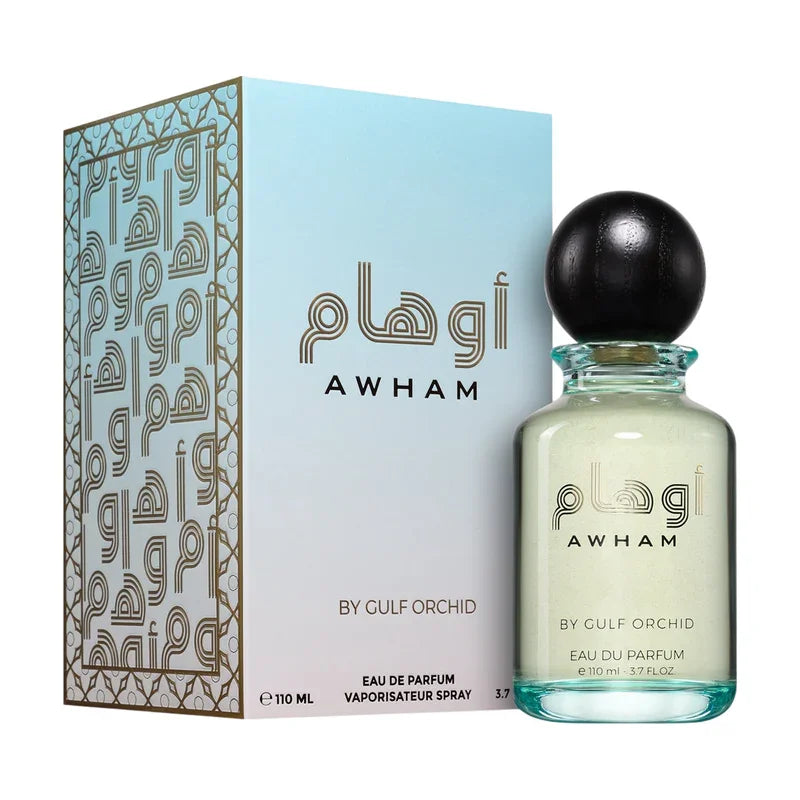 Eau de parfum Awham by Gulf Orchid, flacon 110 ml avec boîte décorative, parfum oriental luxueux