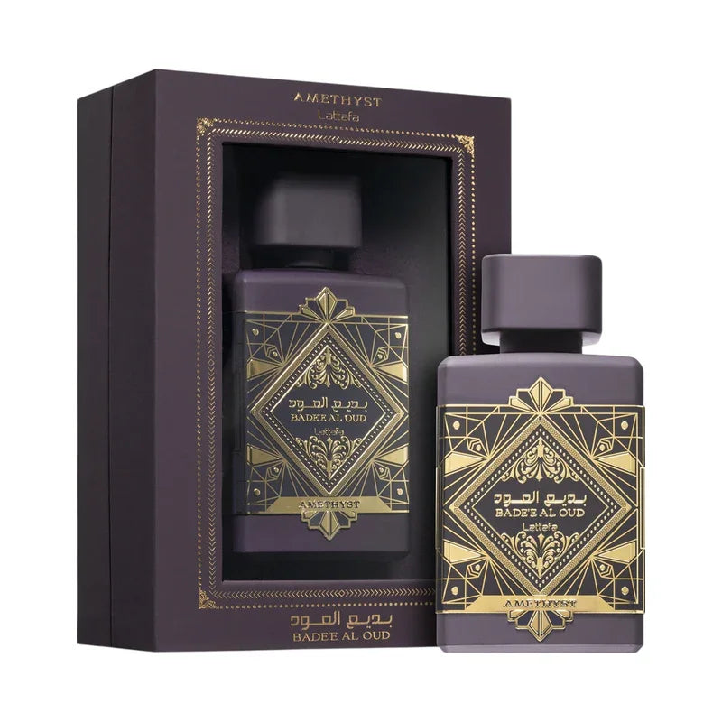 Parfum Amethyst Lattafa Badie Al Oud, flacon violet et or avec écrin luxueux