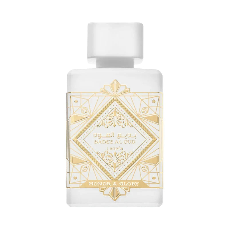 Parfum Bade'e Al Oud Lattafa Honor & Glory, flacon blanc et doré, design élégant et luxueux