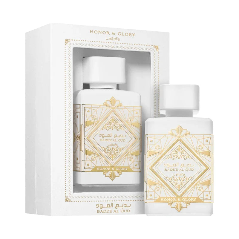 Parfum Badee Al Oud Honor & Glory Lattafa, flacon blanc et or, coffret élégant