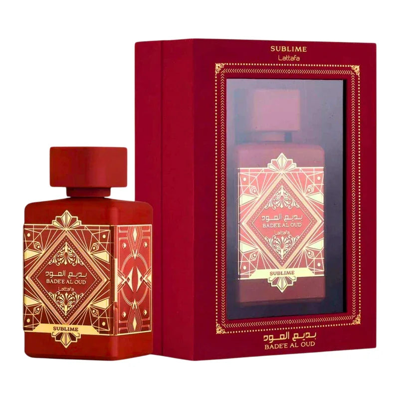 Parfum Badee Al Oud Sublime de Lattafa dans son coffret rouge élégant