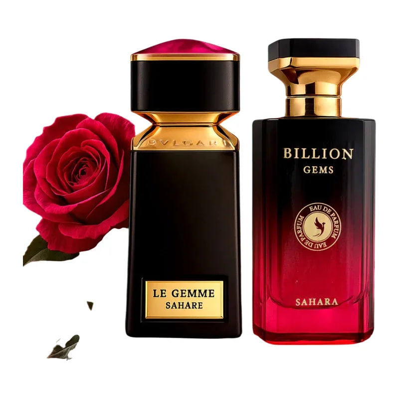 Parfum Bvlgari Le Gemme Sahare et parfum Billion Gems Sahara avec une rose rouge.