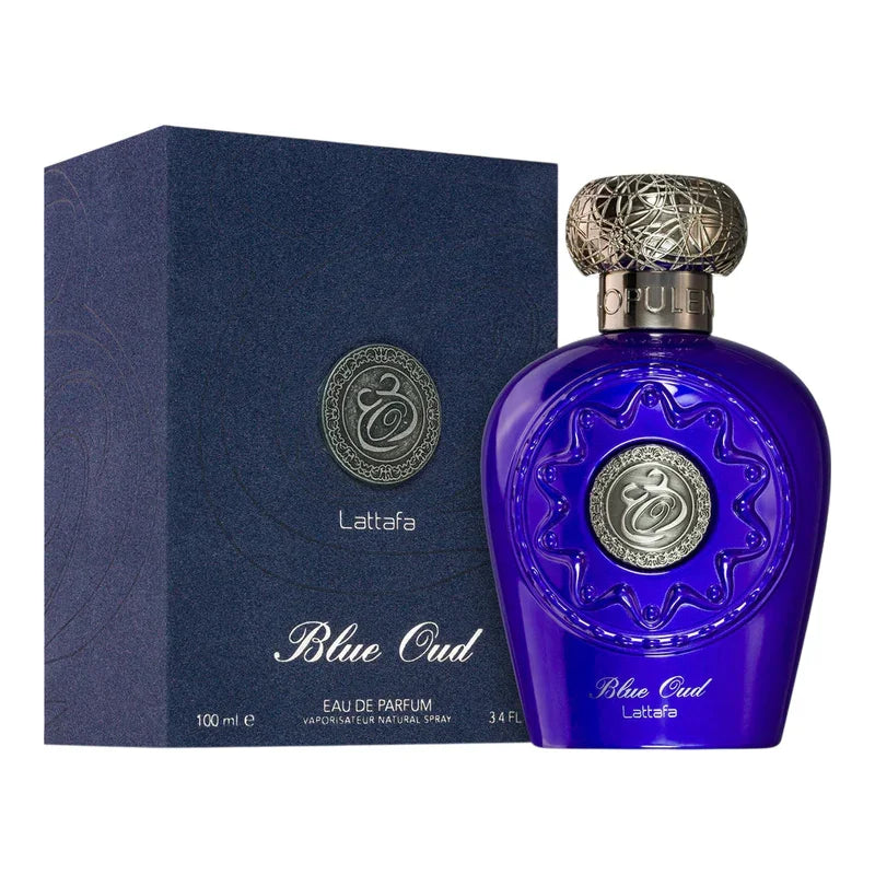 Parfum Blue Oud de Lattafa, flacon bleu intense et son coffret élégant.