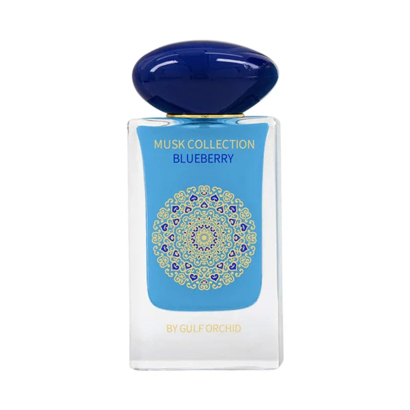 Parfum Blueberry de la collection Musk par Gulf Orchid, flacon bleu avec motif mandala